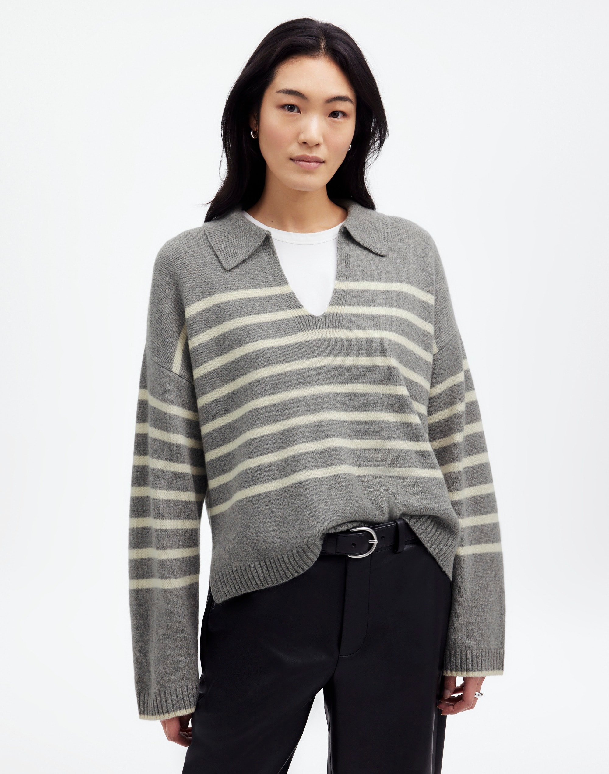 Cashmere-Wool Blend Polo-Collar Sweater Stripe | Madewell