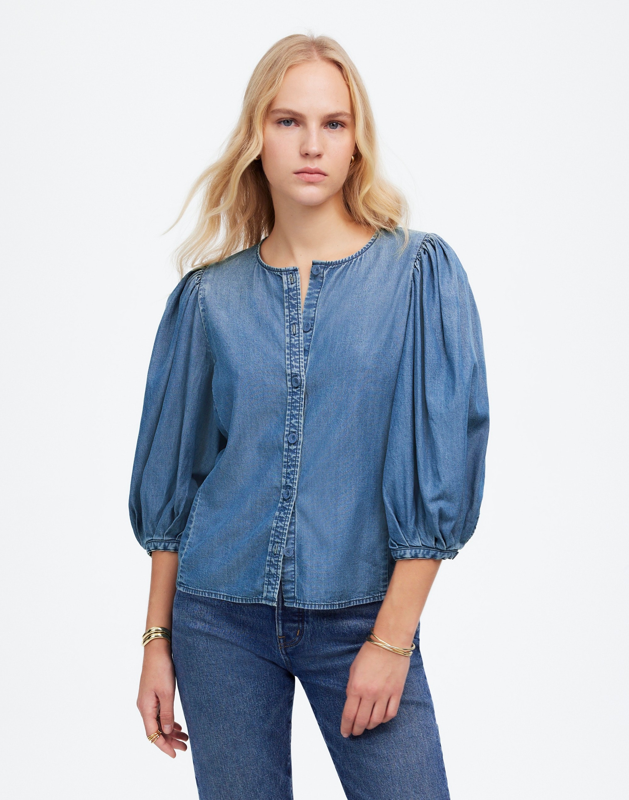 Denim Puff-Sleeve Button-Up Top | Madewell