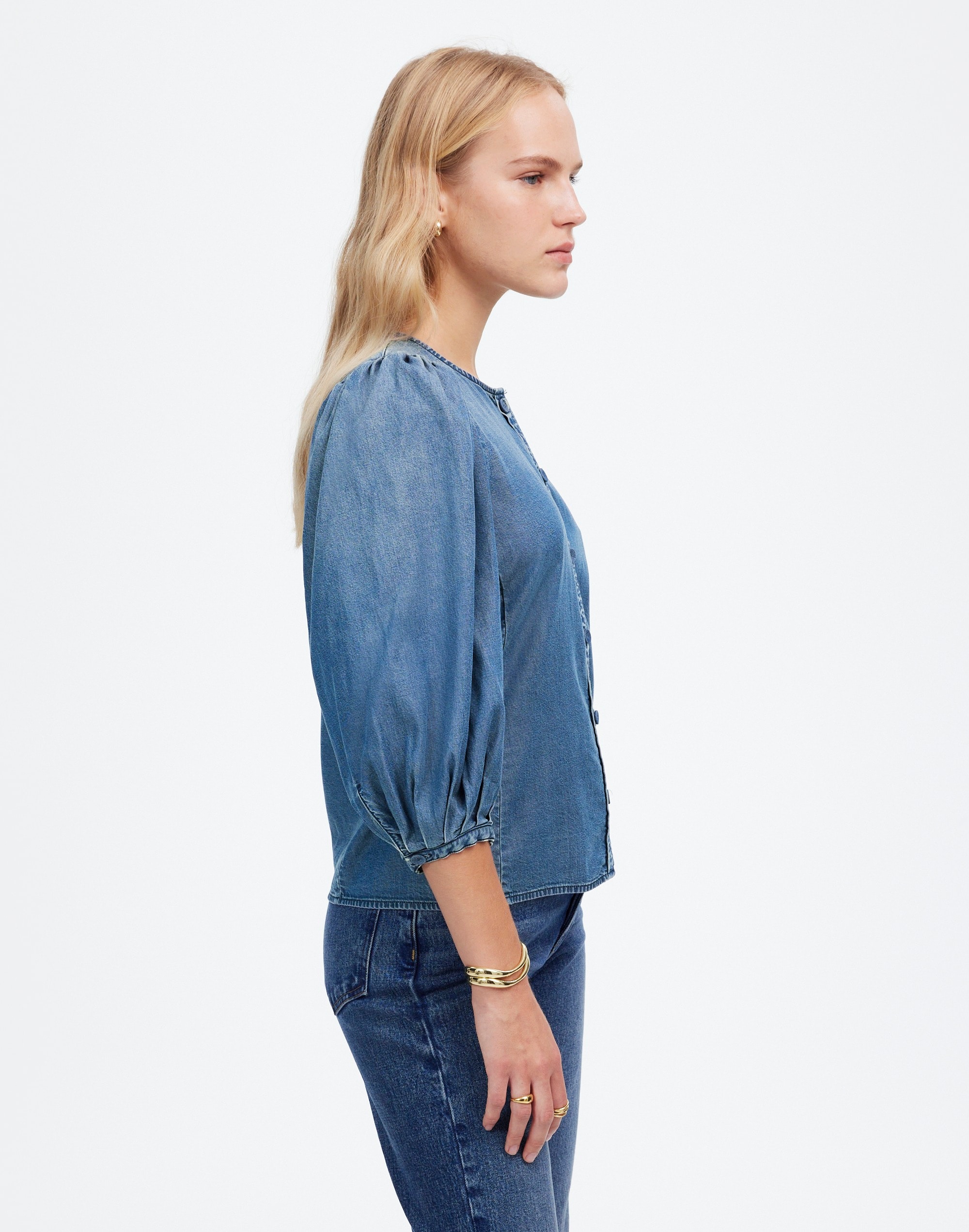 Denim Puff-Sleeve Button-Up Top | Madewell