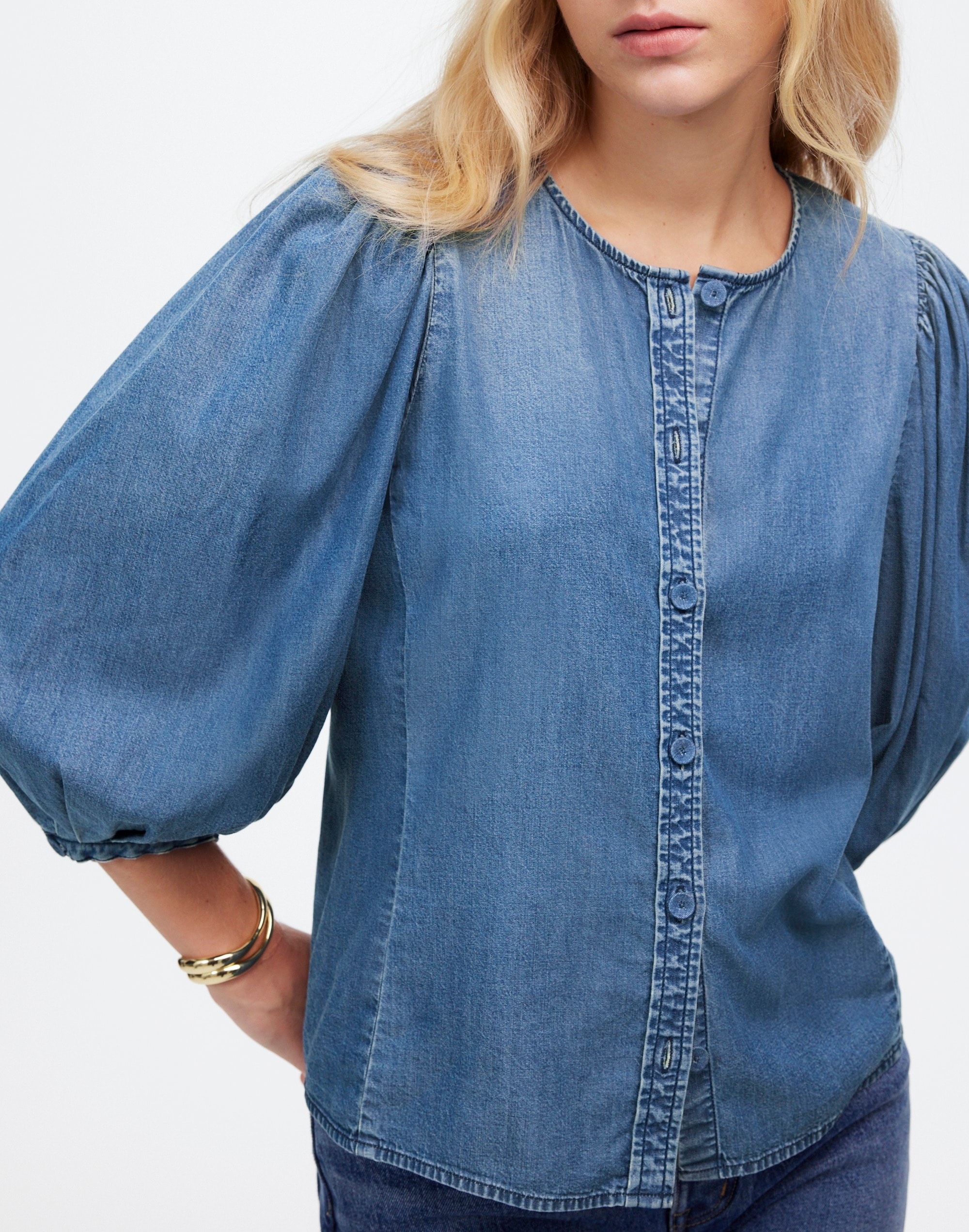 Denim Puff-Sleeve Button-Up Top | Madewell