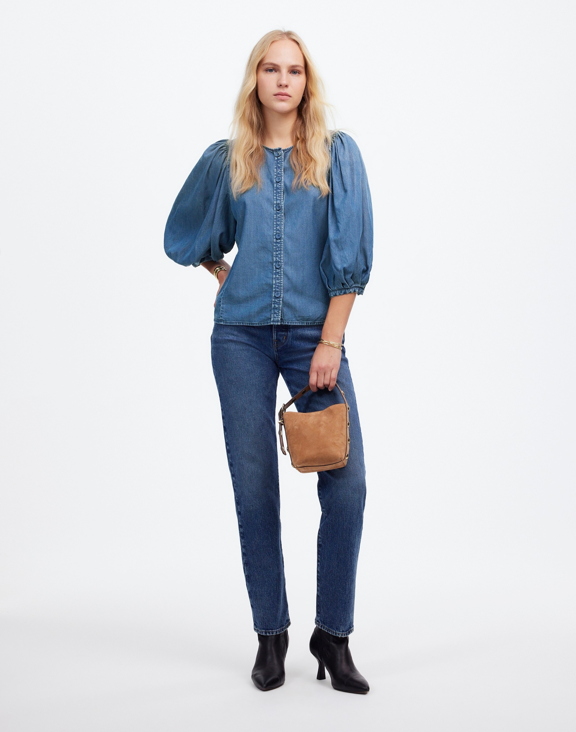 Denim Puff-Sleeve Button-Up Top | Madewell