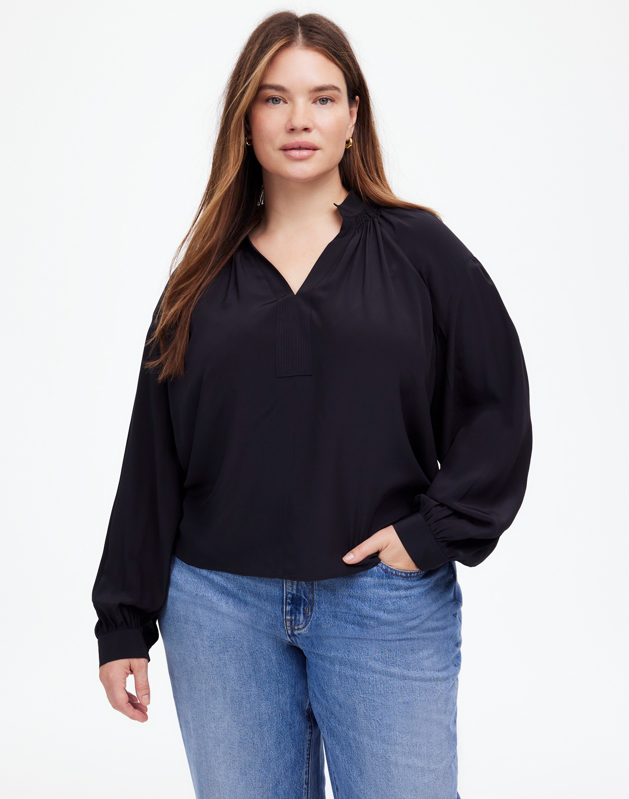 Plus Shirred Long-Sleeve Top Silk | Madewell