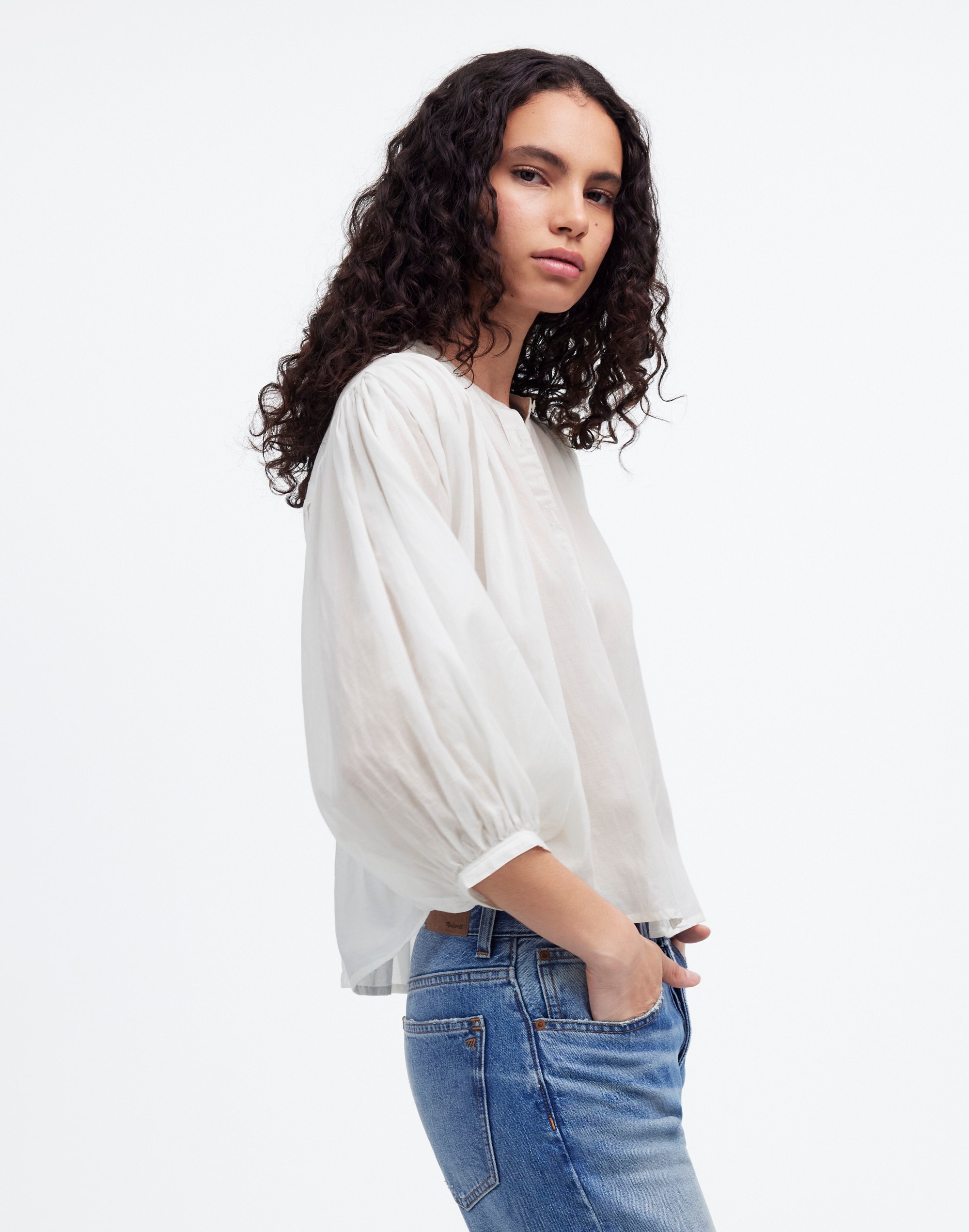 Shirred Crewneck Button-Up Top | Madewell