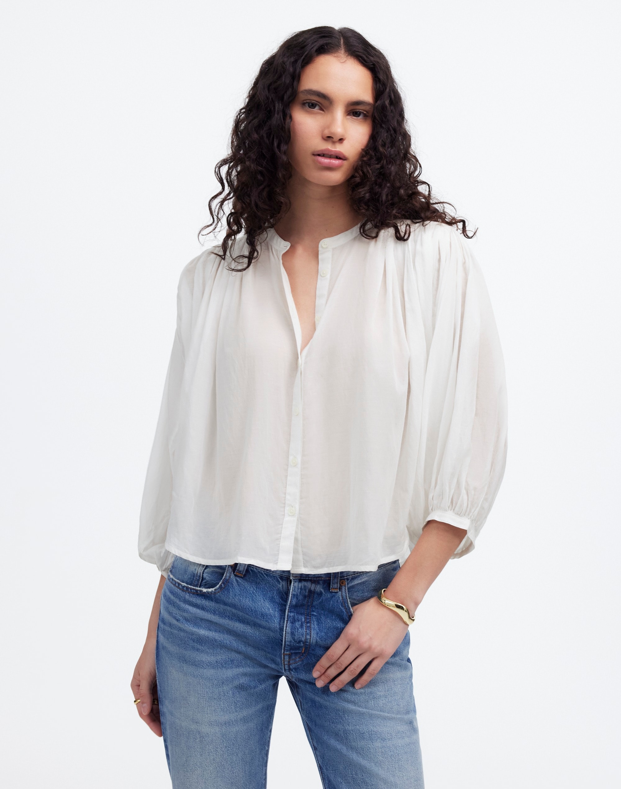 Shirred Crewneck Button-Up Top | Madewell