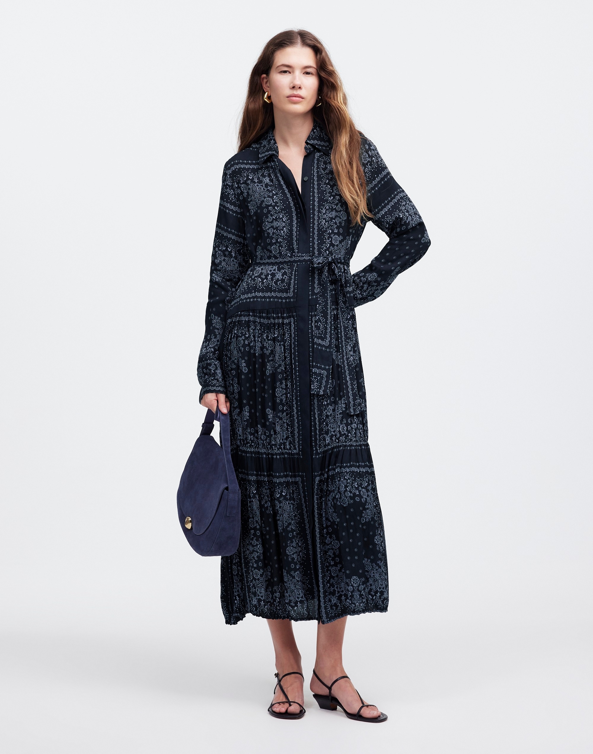 Relaxed Long-Sleeve Tiered Midi Dress Bandana | Madewell