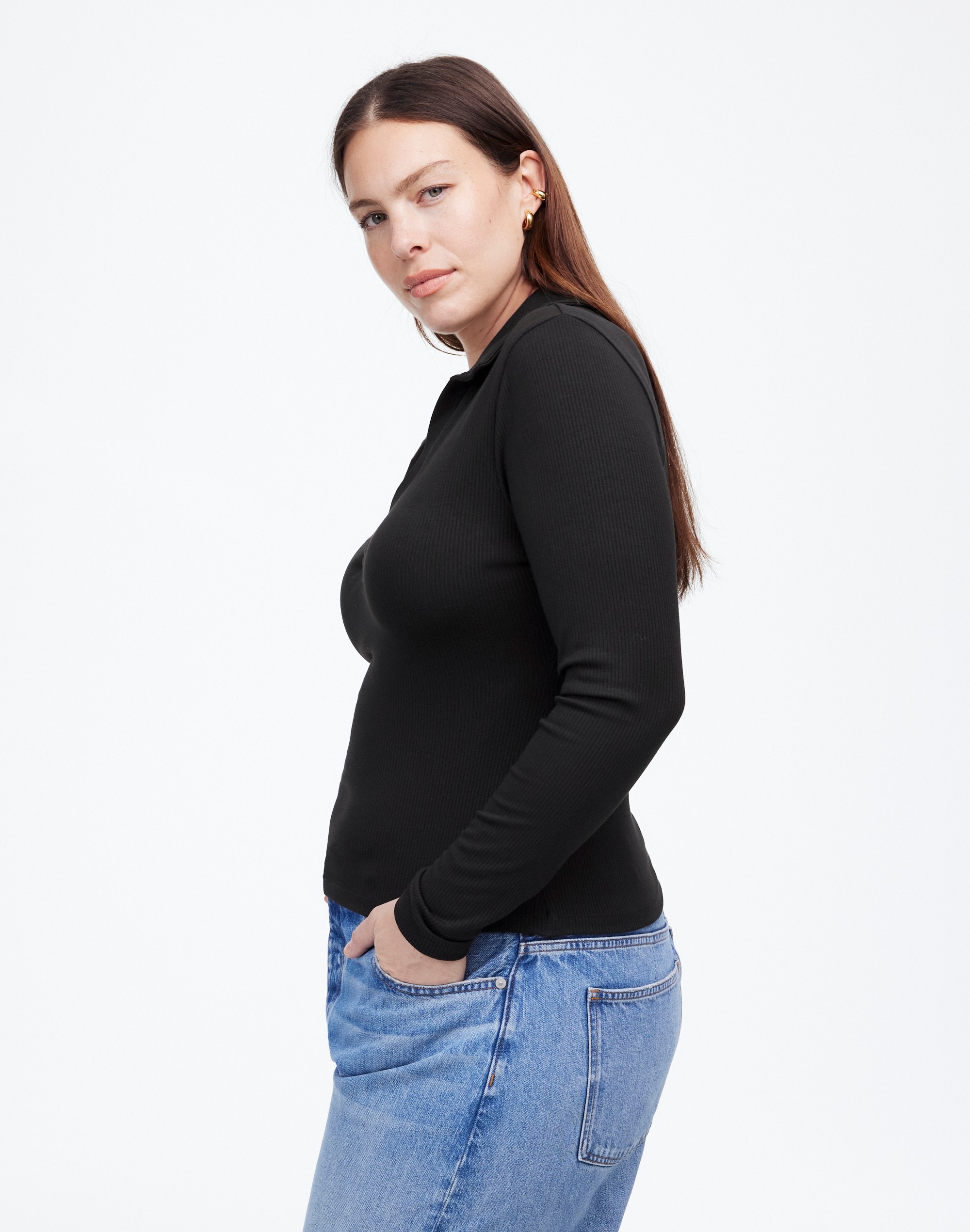 Drapey Rib Long-Sleeve Polo Top | Madewell