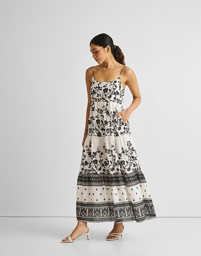 Strappy Embroidery Neck Tiered Maxi Dress