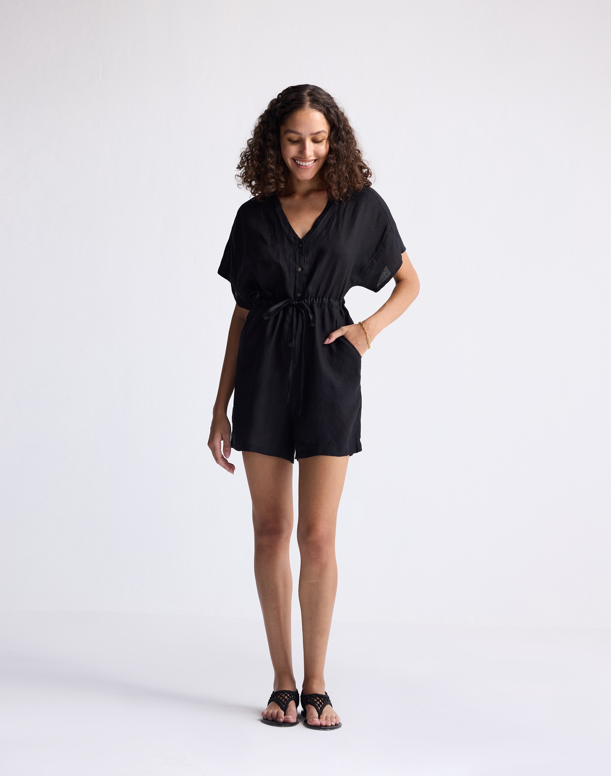 Reistor® V neck Drawstring Black Romper 100% Hemp | Madewell