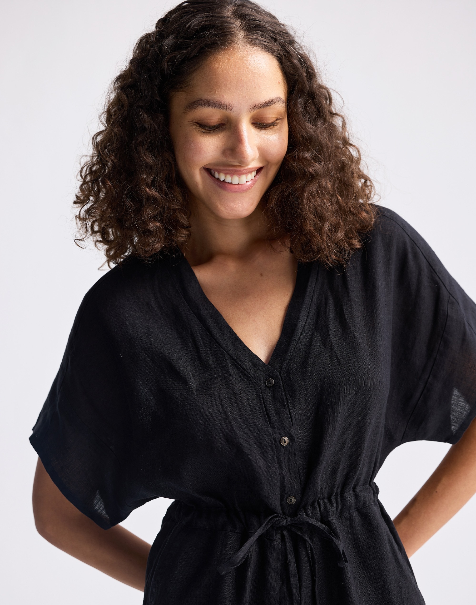 Reistor® V neck Drawstring Black Romper 100% Hemp | Madewell