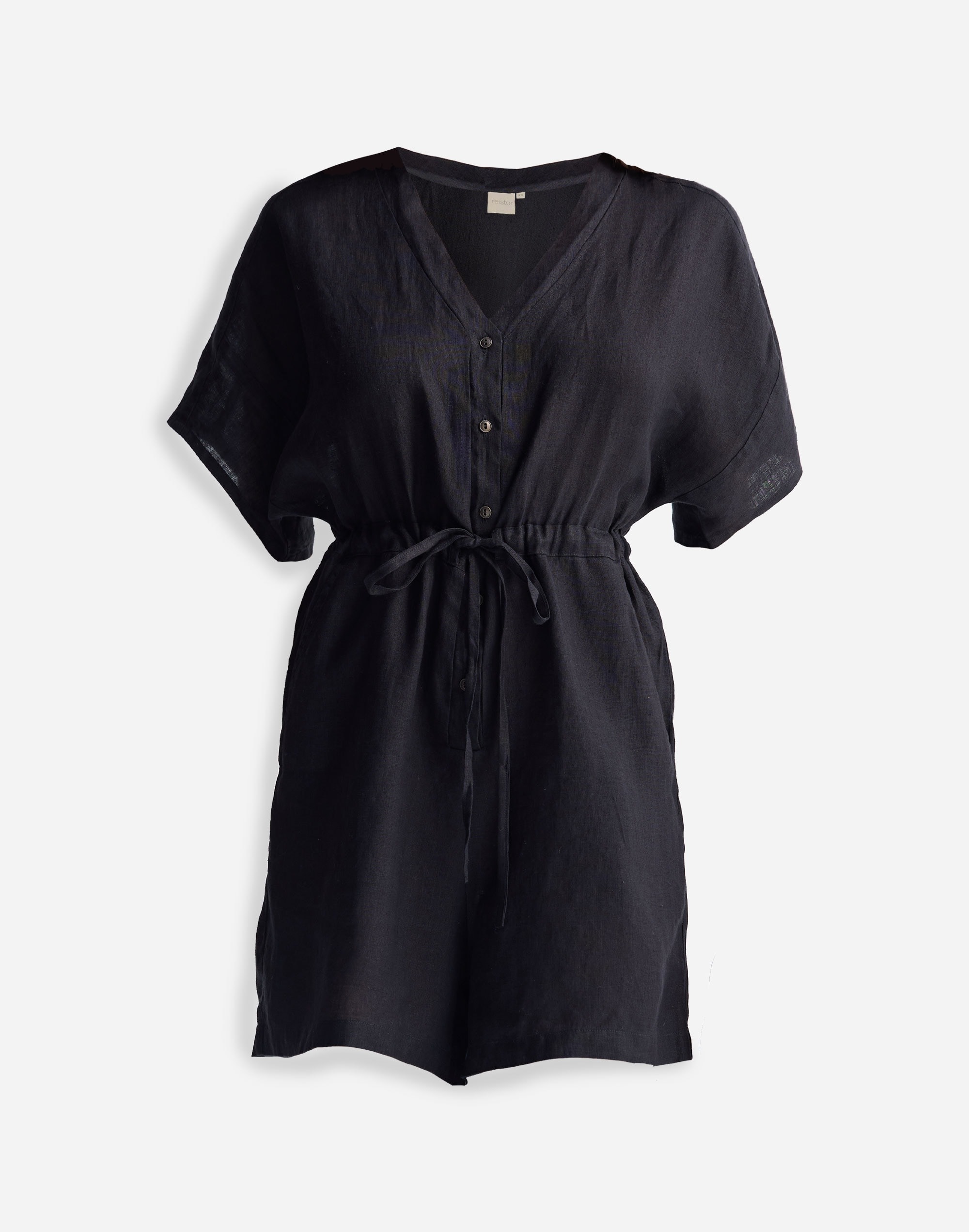 Reistor® V neck Drawstring Black Romper 100% Hemp | Madewell