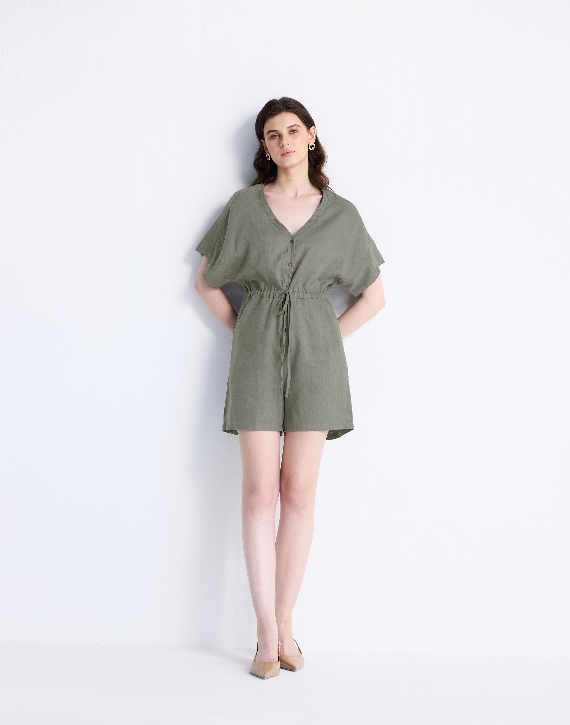 Reistor® V neck Drawstring Dark Green Romper 100% Hemp | Madewell