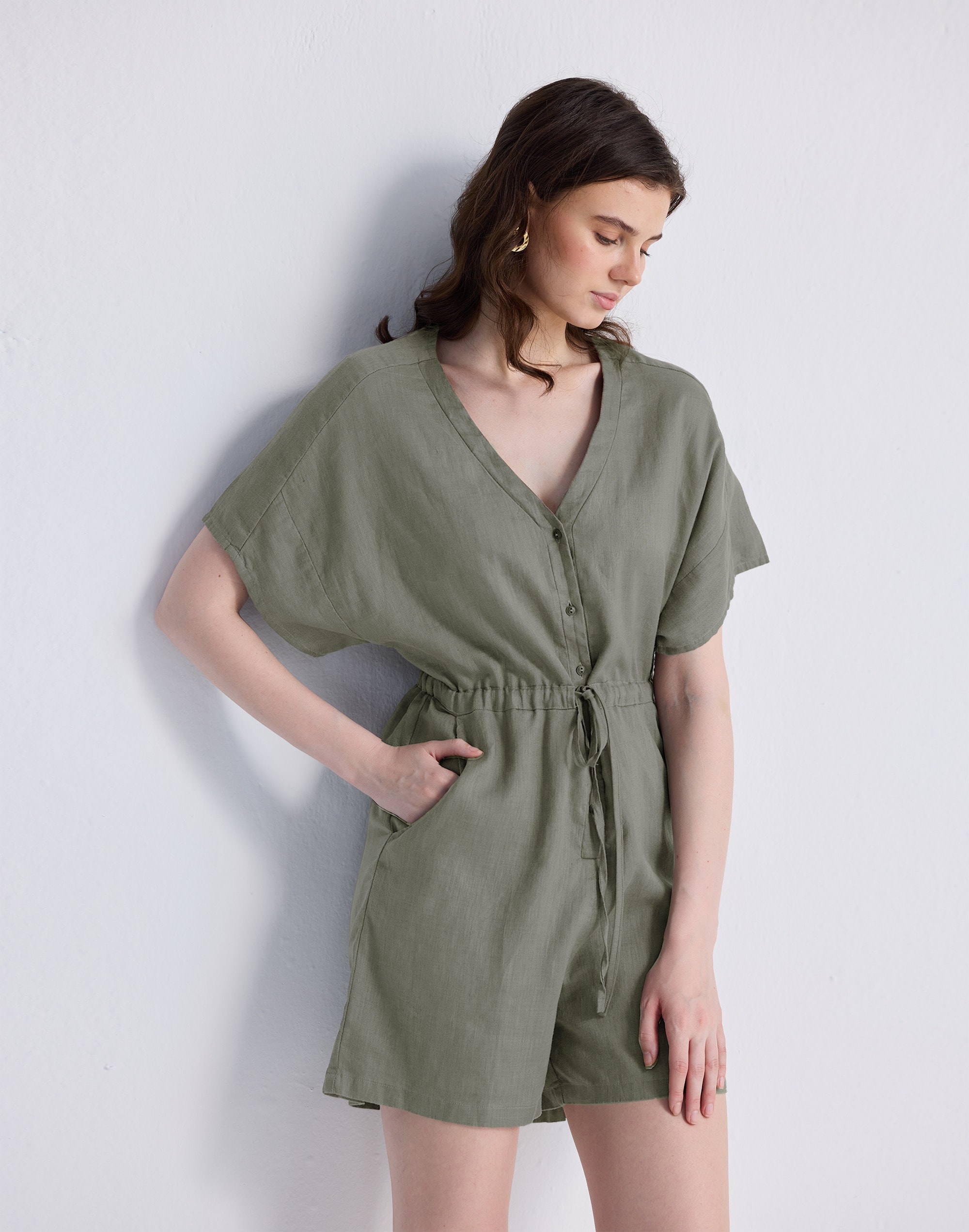 Reistor® V neck Drawstring Dark Green Romper 100% Hemp | Madewell