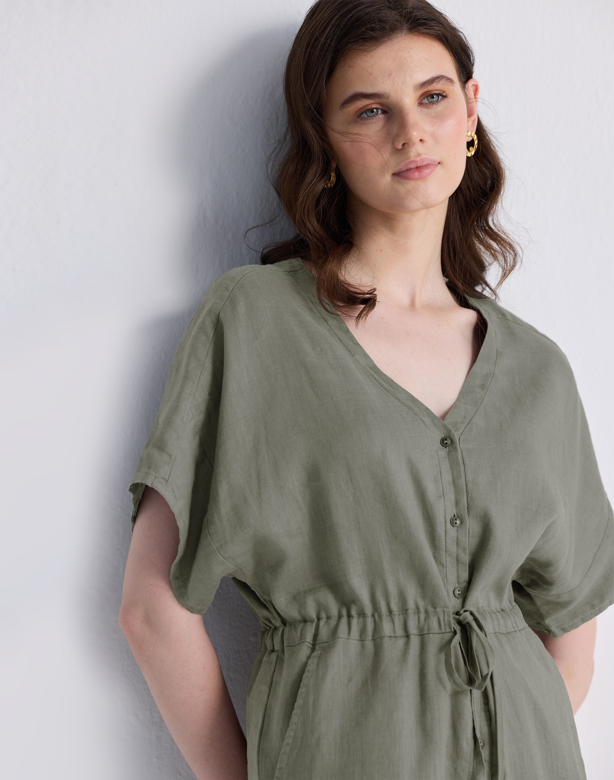 Reistor® V neck Drawstring Dark Green Romper 100% Hemp | Madewell