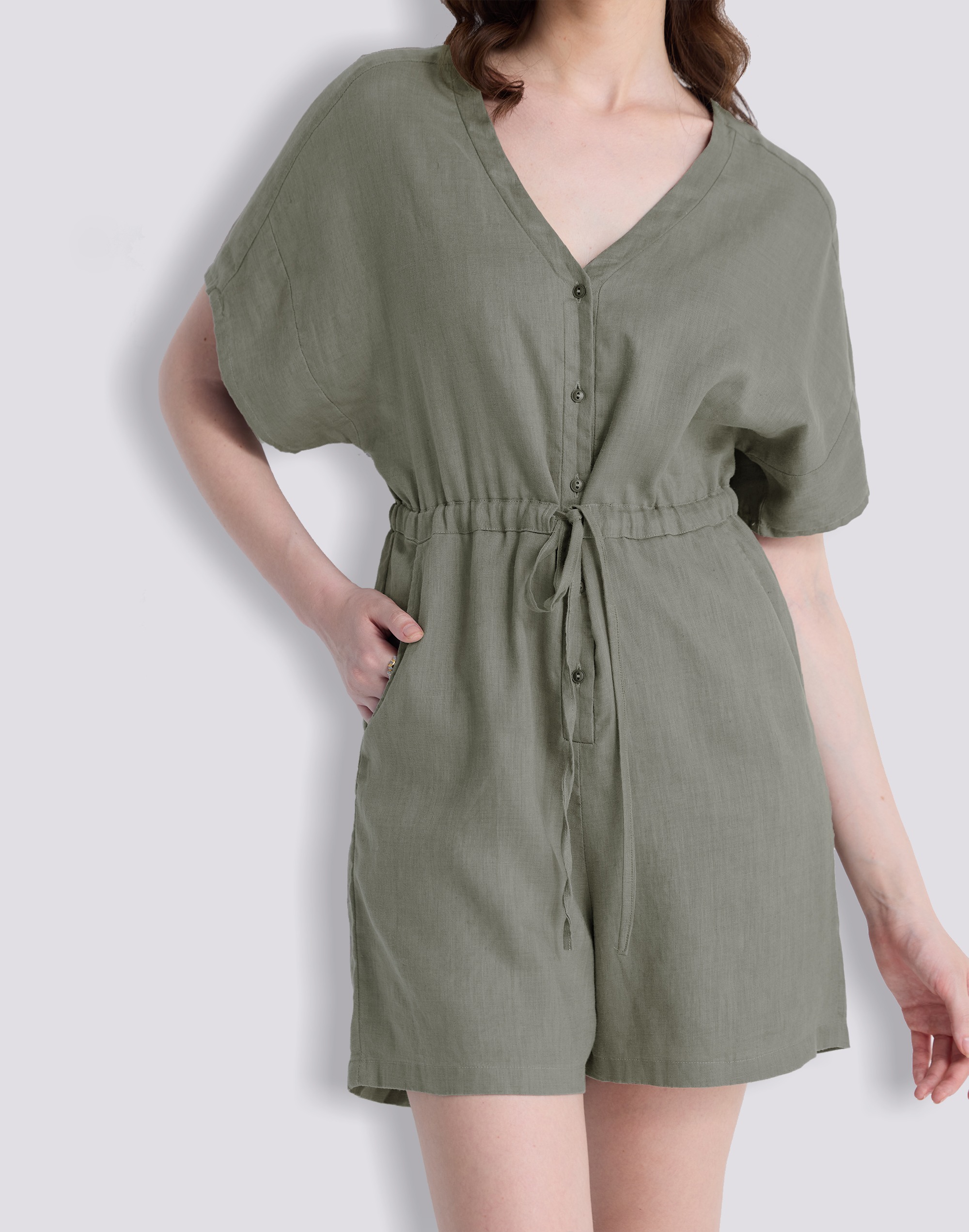 Reistor® V neck Drawstring Dark Green Romper 100% Hemp | Madewell