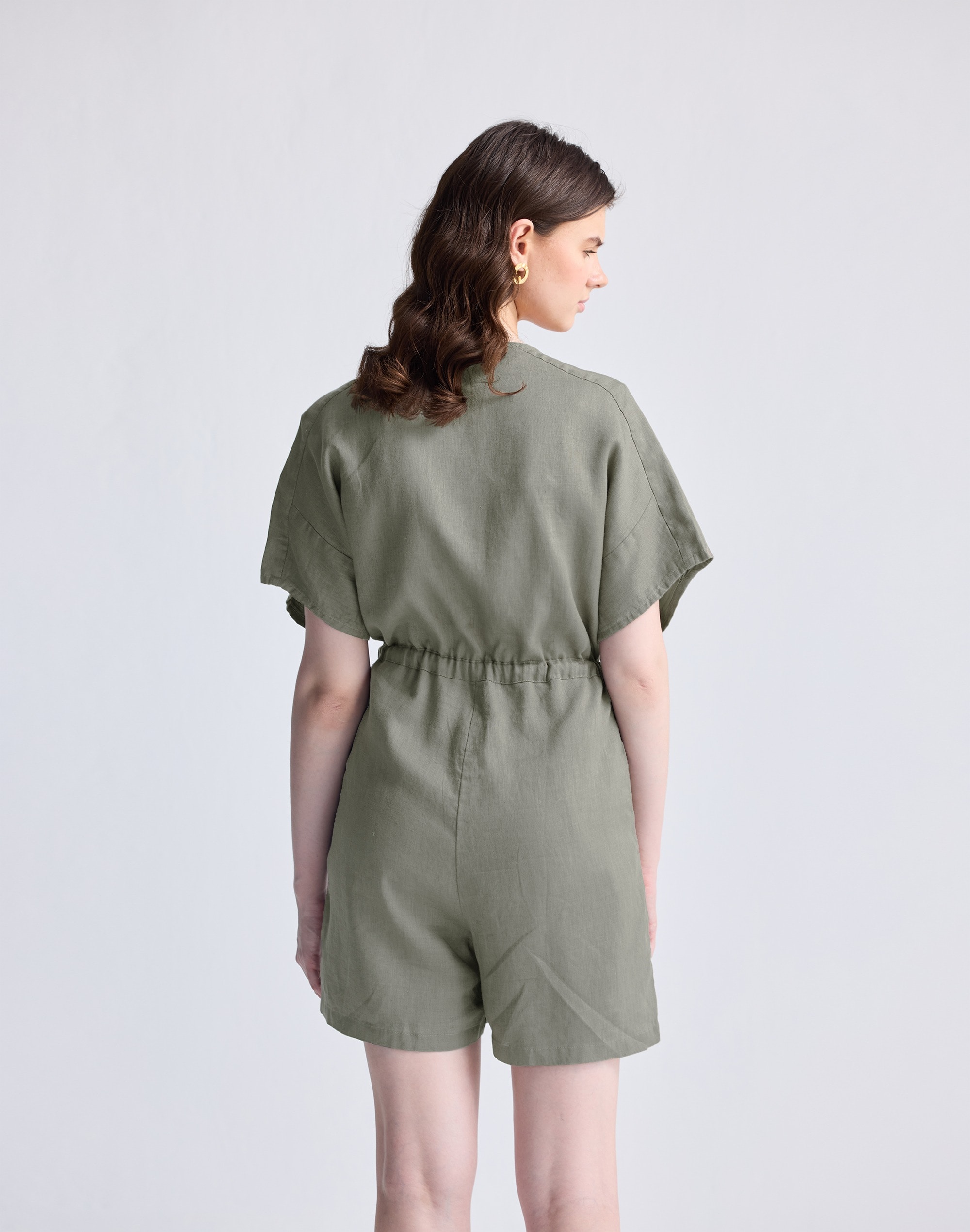 Reistor® V neck Drawstring Dark Green Romper 100% Hemp | Madewell