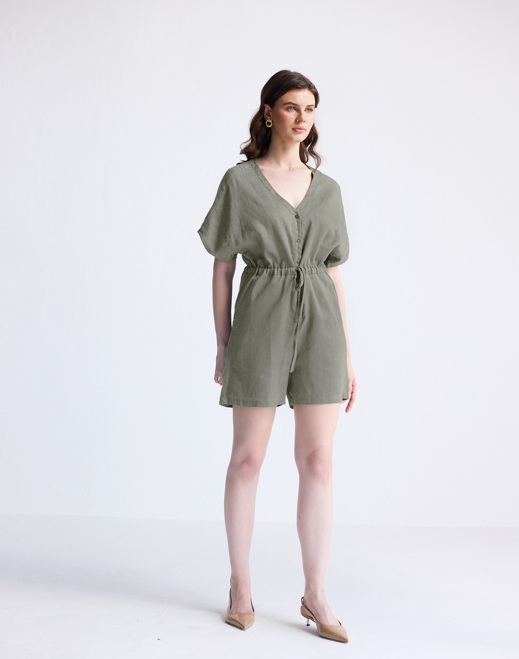 Reistor® V neck Drawstring Dark Green Romper 100% Hemp | Madewell