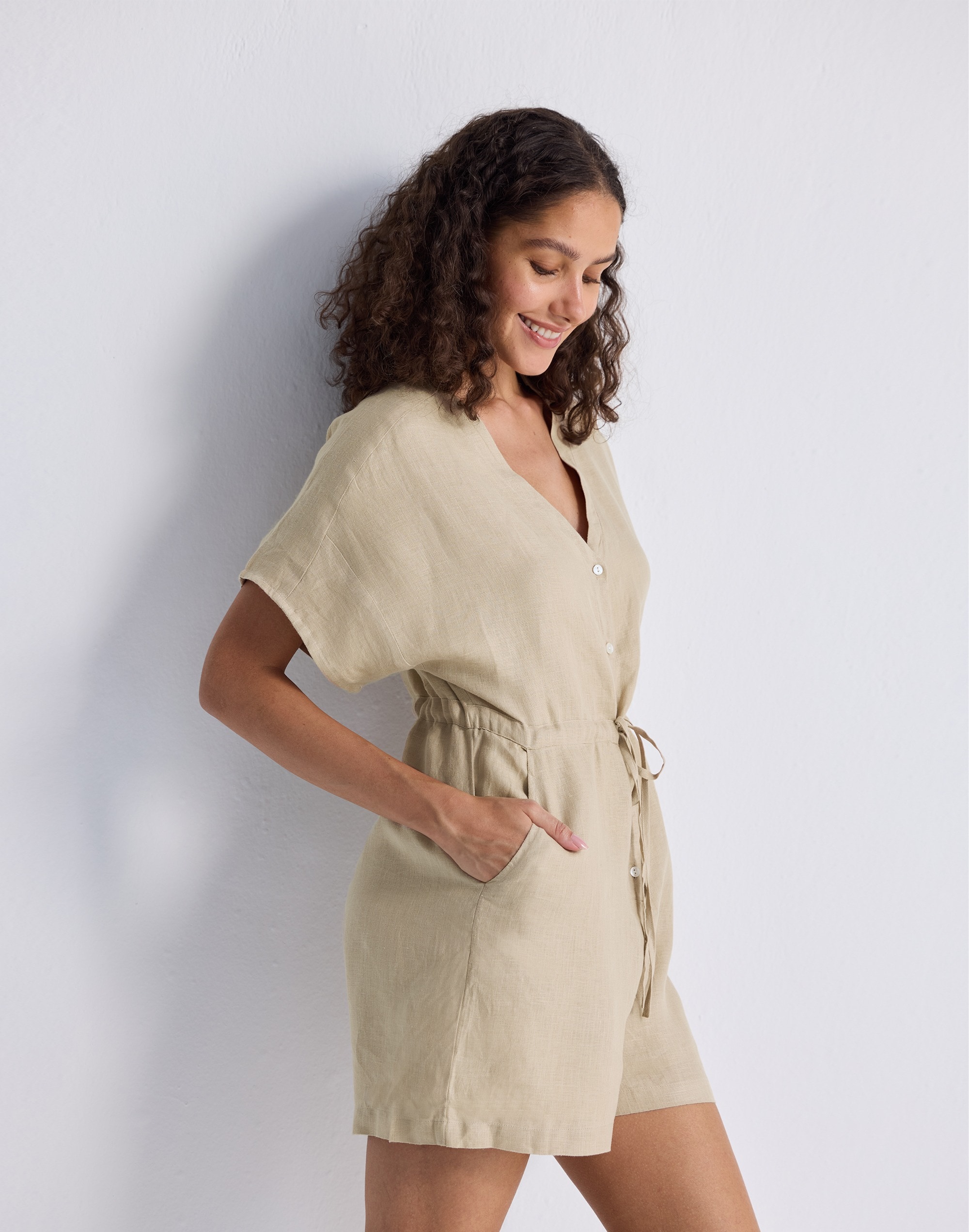 Reistor® V neck Drawstring Neutral Beige Romper 100% Hemp | Madewell