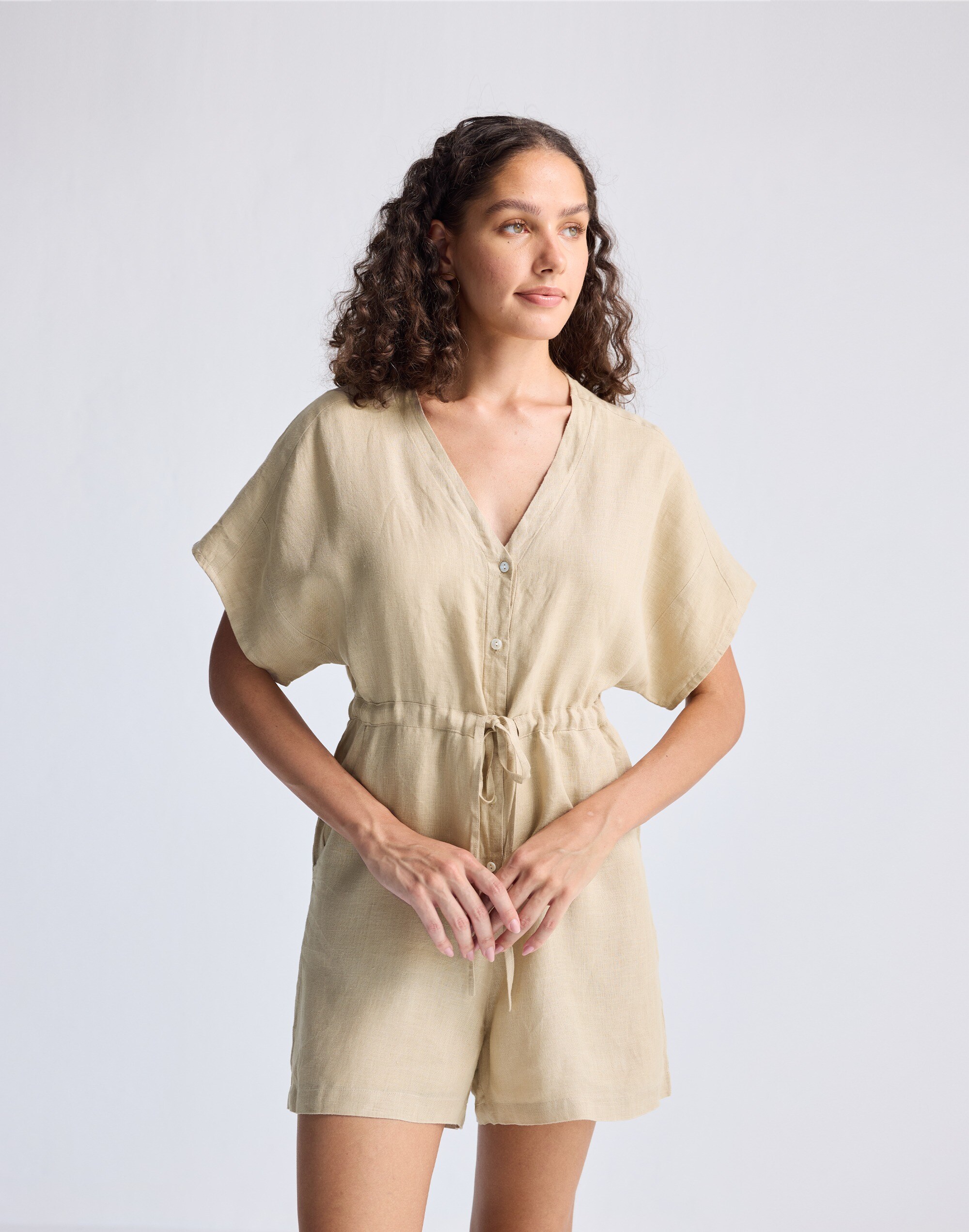 Reistor® V neck Drawstring Neutral Beige Romper 100% Hemp | Madewell